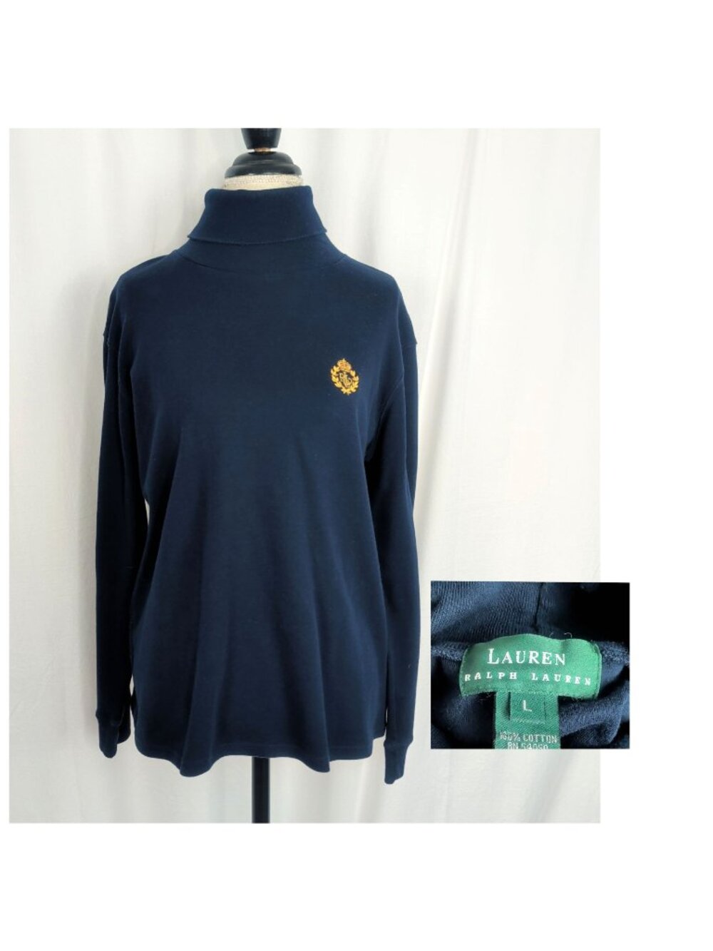 Vintage 90s Ralph Lauren Turtleneck Large Blue Logo Long Sleeve
